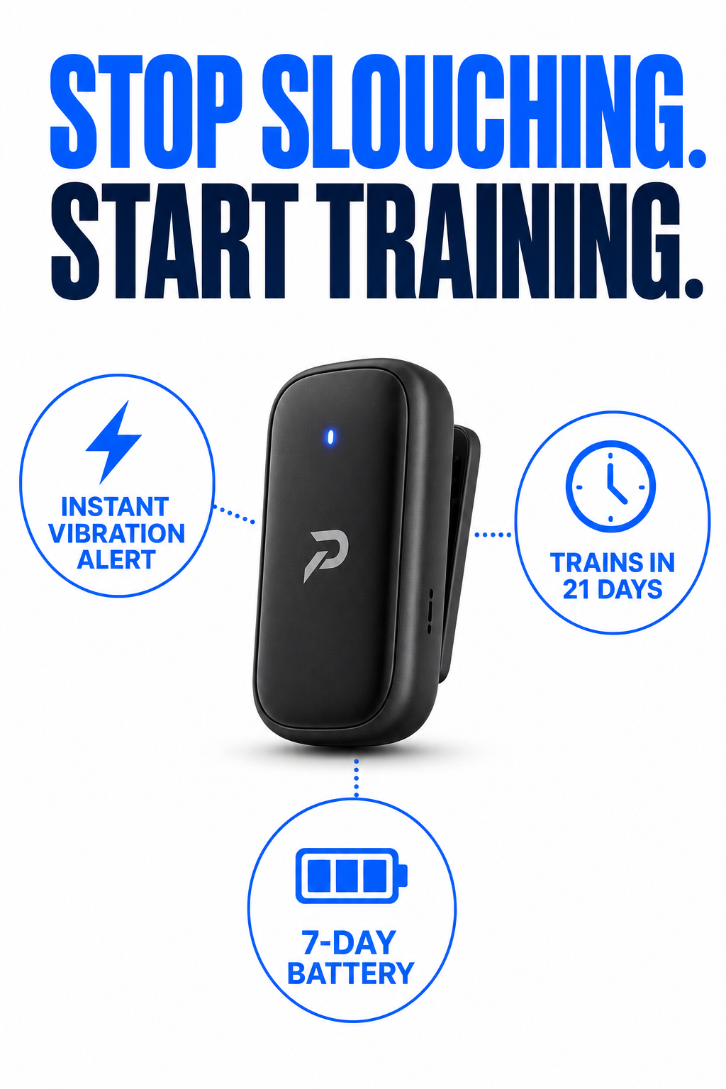 Tallo Smart Posture Corrector features - instant vibration alert, 21 day training, 7-day battery
